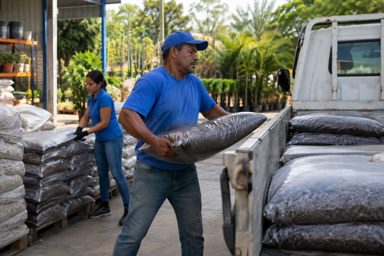 Funcionário de camisa e boné azuis carregando sacos de substrato de paletes para um caminhão pequeno numa distribuidora de insumos de jardinagem