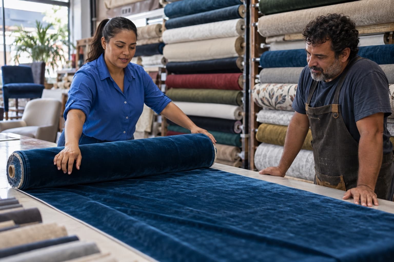 Vendedora de camisa azul desenrolando um rolo de veludo sobre a mesa de corte para um estofador, com rolos de tecido empilhados em estantes ao fundo