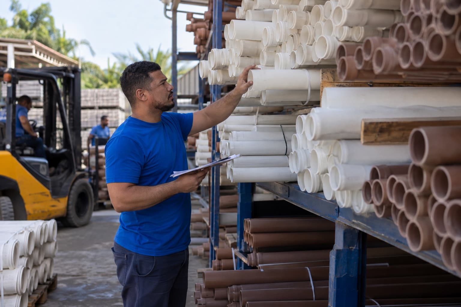 Estoquista de camisa azul conferindo tubos de PVC brancos e marrons empilhados em racks horizontais no pátio de uma distribuidora, com empilhadeira ao fundo