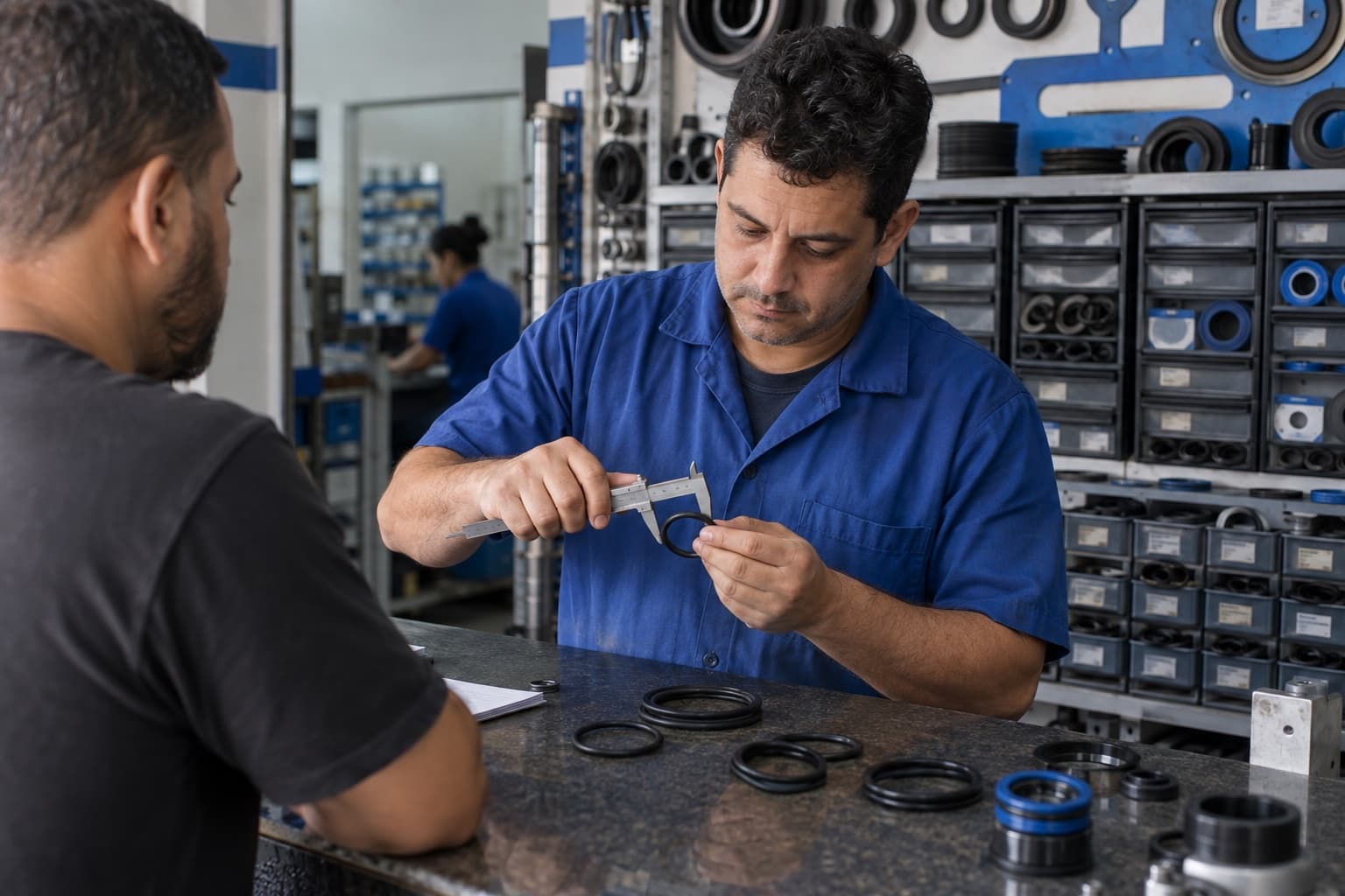 Técnico de camisa azul medindo um anel o-ring de borracha com paquímetro no balcão, com gavetas de vedações ao fundo