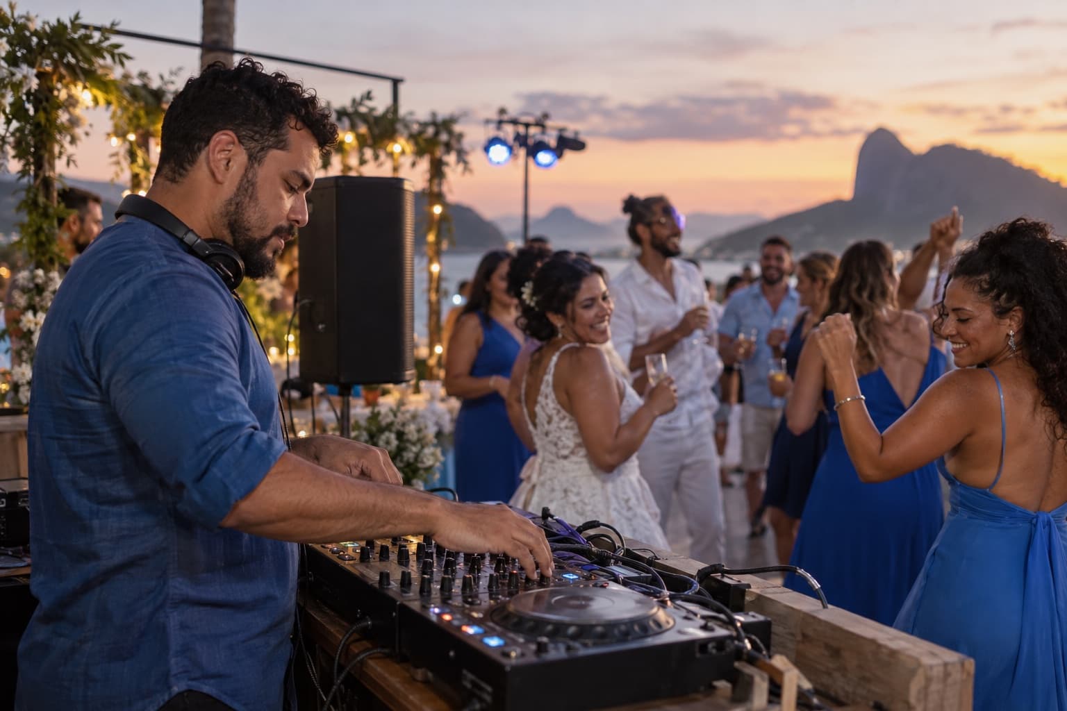DJ mixando em uma controladora numa festa de casamento ao ar livre ao entardecer, com convidados dançando e uma pequena estrutura de luzes ao fundo