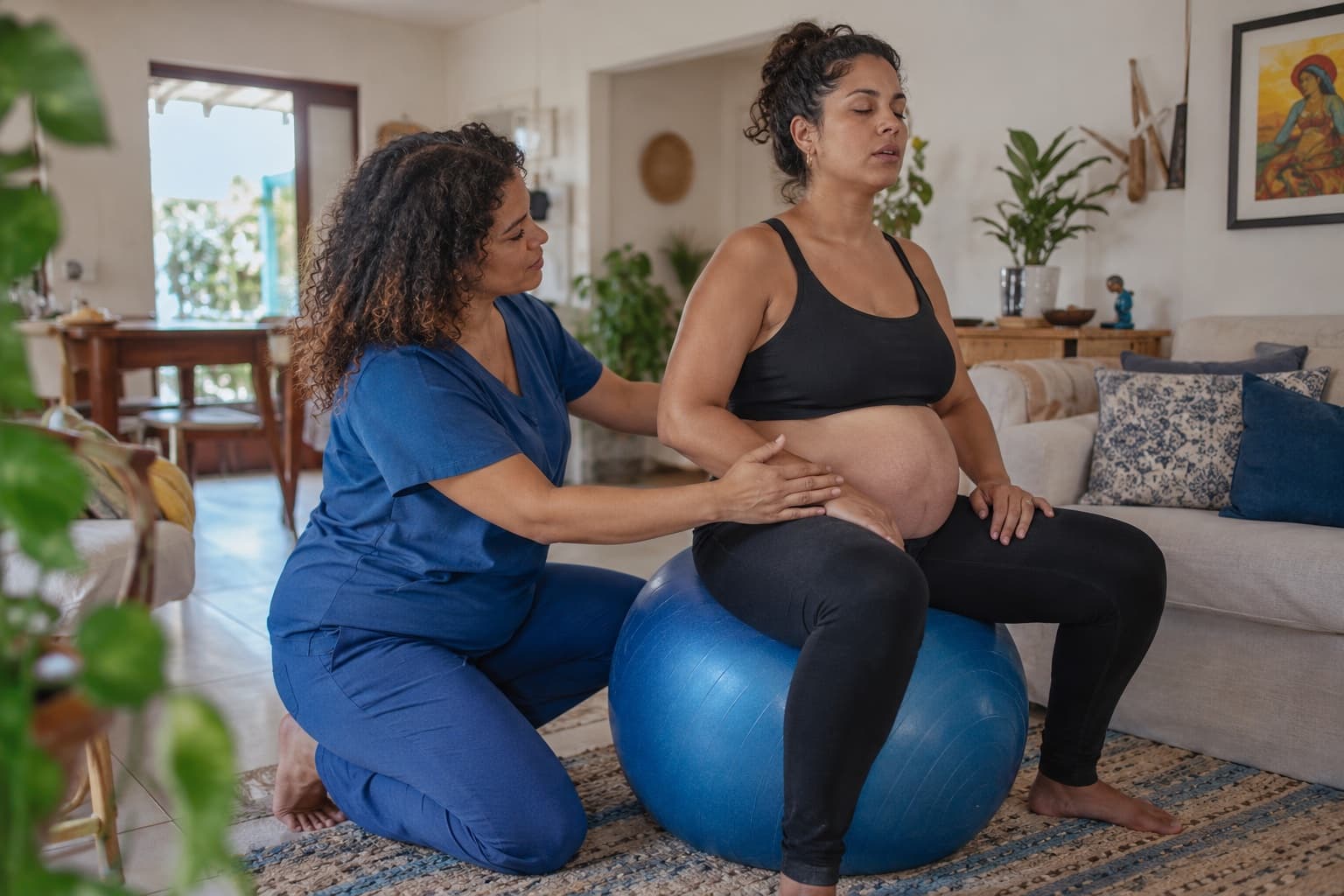 Doula de roupa azul orientando gestante em exercício de respiração sobre bola de pilates em sala aconchegante
