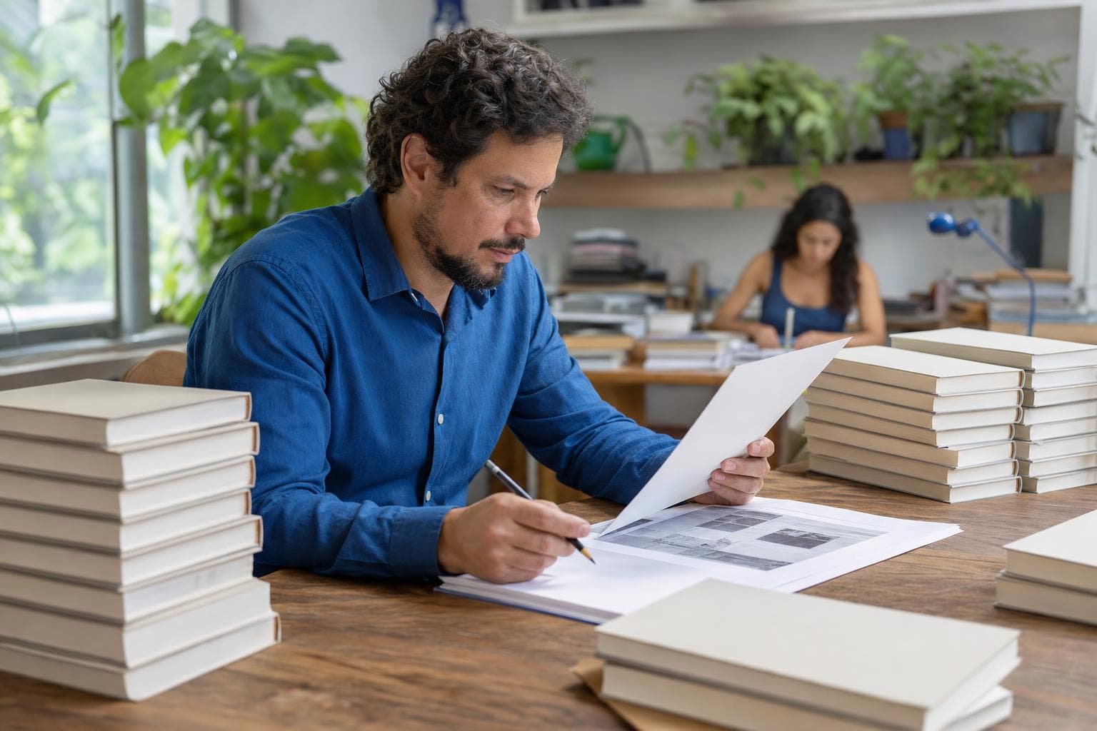 Editor revisando provas impressas de um livro em mesa com pilhas de livros
