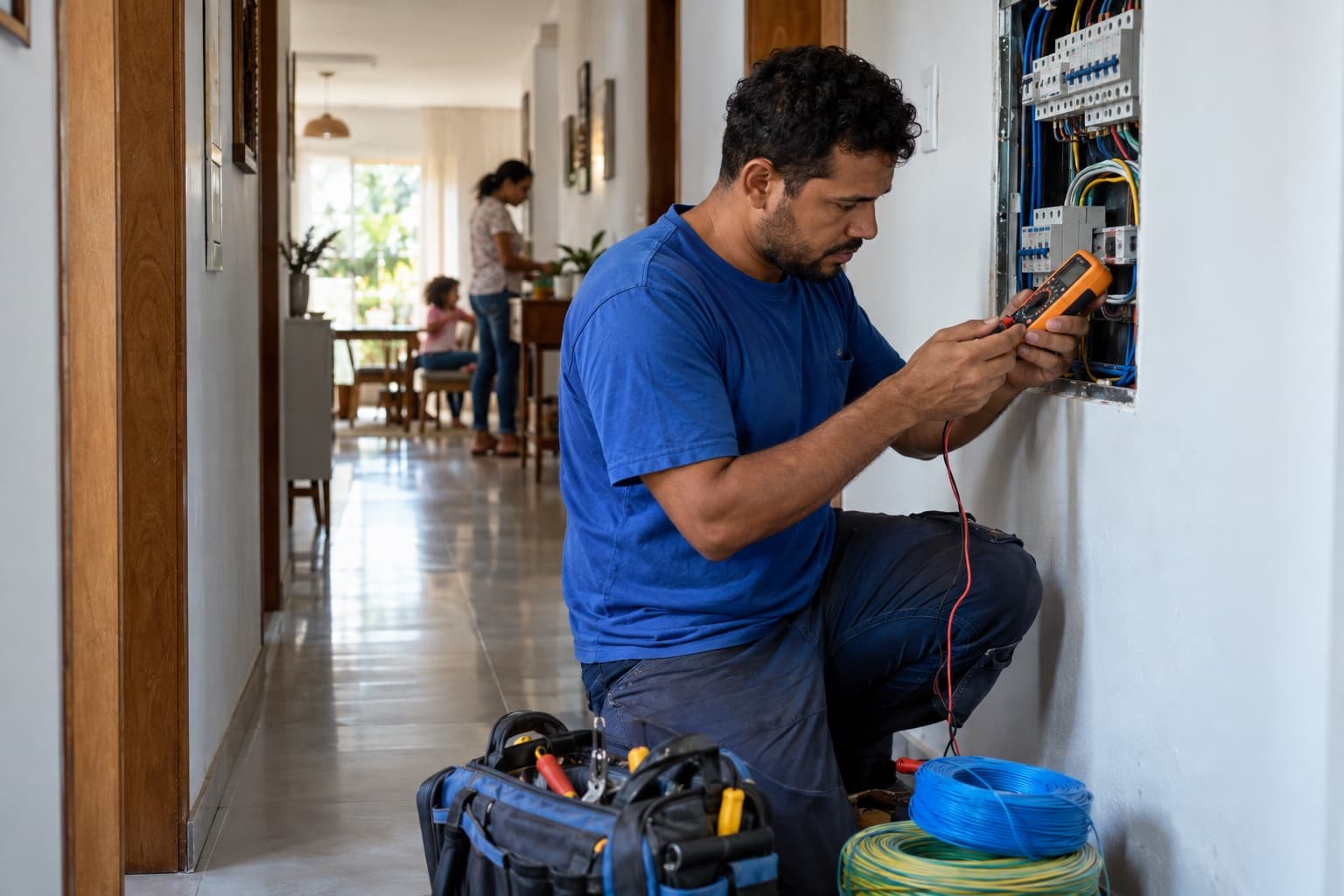 Eletricista autônomo de camisa azul medindo com multímetro um quadro de disjuntores no corredor de uma casa