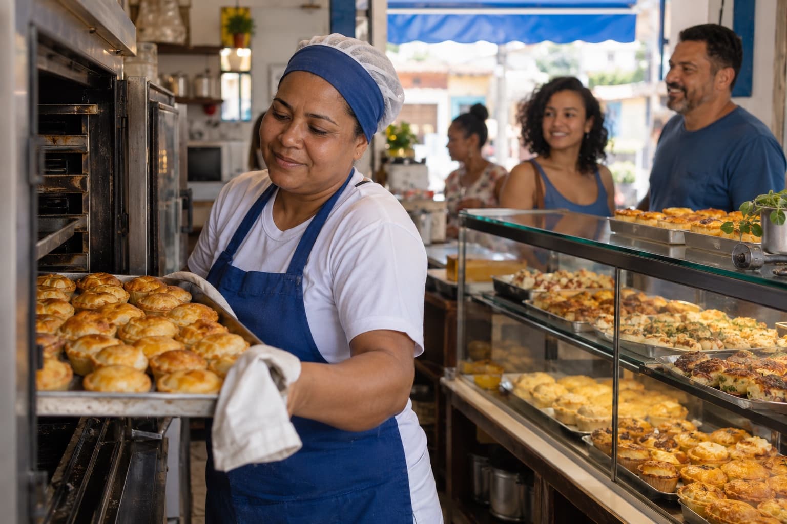 Confeiteira de avental azul tirando do forno uma assadeira de empadinhas douradas numa empadaria pequena, com vitrine de sabores no balcão