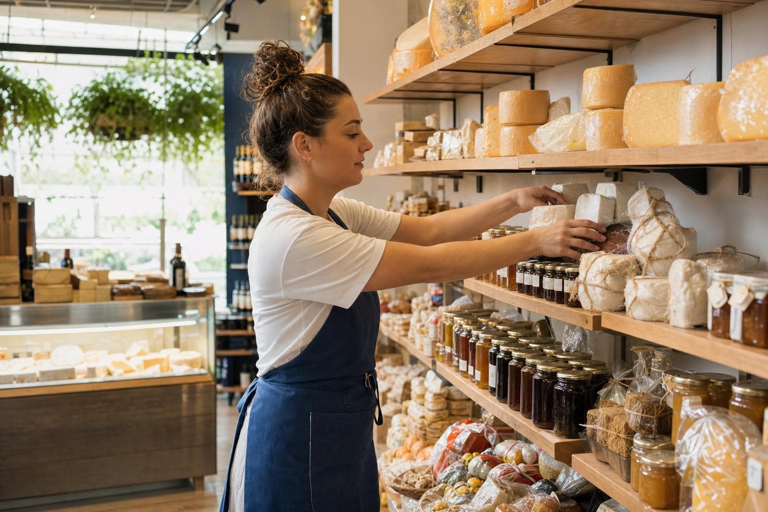Prateleiras de um empório com azeites, conservas e vinhos importados