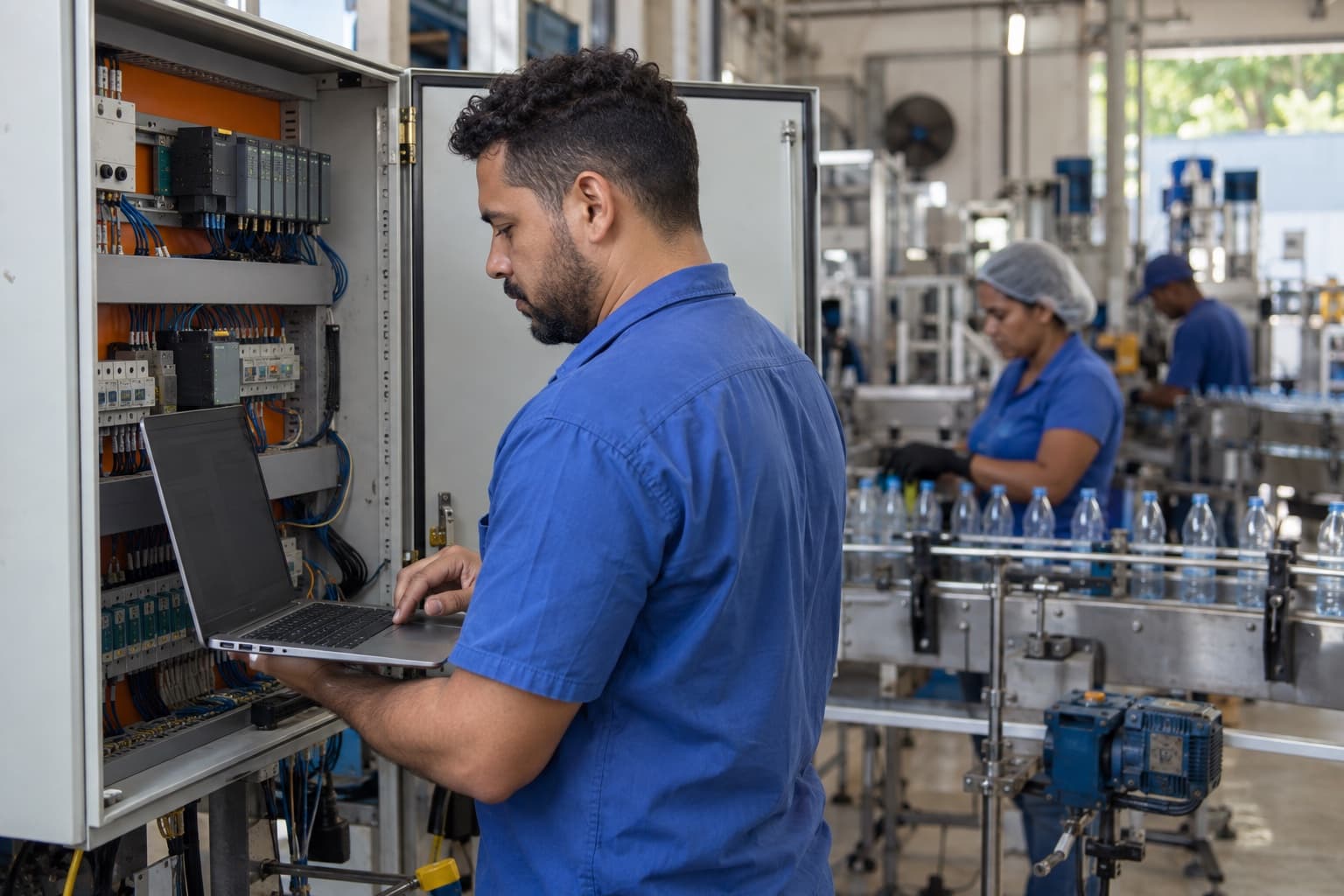 Engenheiro de automação de camisa azul programando um CLP com um notebook diante de um painel elétrico aberto ao lado de uma linha de produção