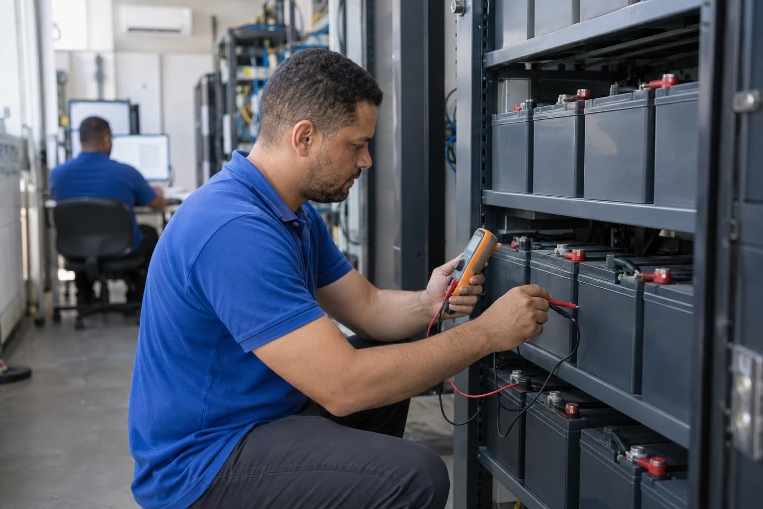 Técnico de camisa azul medindo com multímetro um rack de baterias estacionárias numa sala técnica
