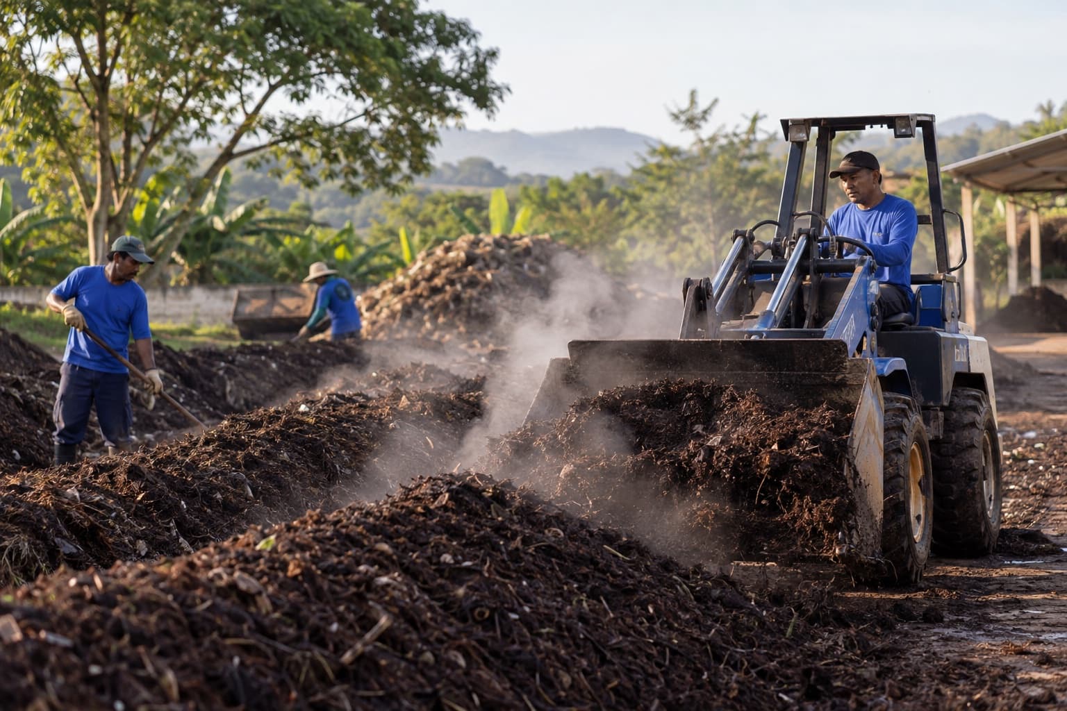 Trabalhadores revirando leiras de composto com uma pá carregadeira num pátio a céu aberto, com vapor saindo das pilhas