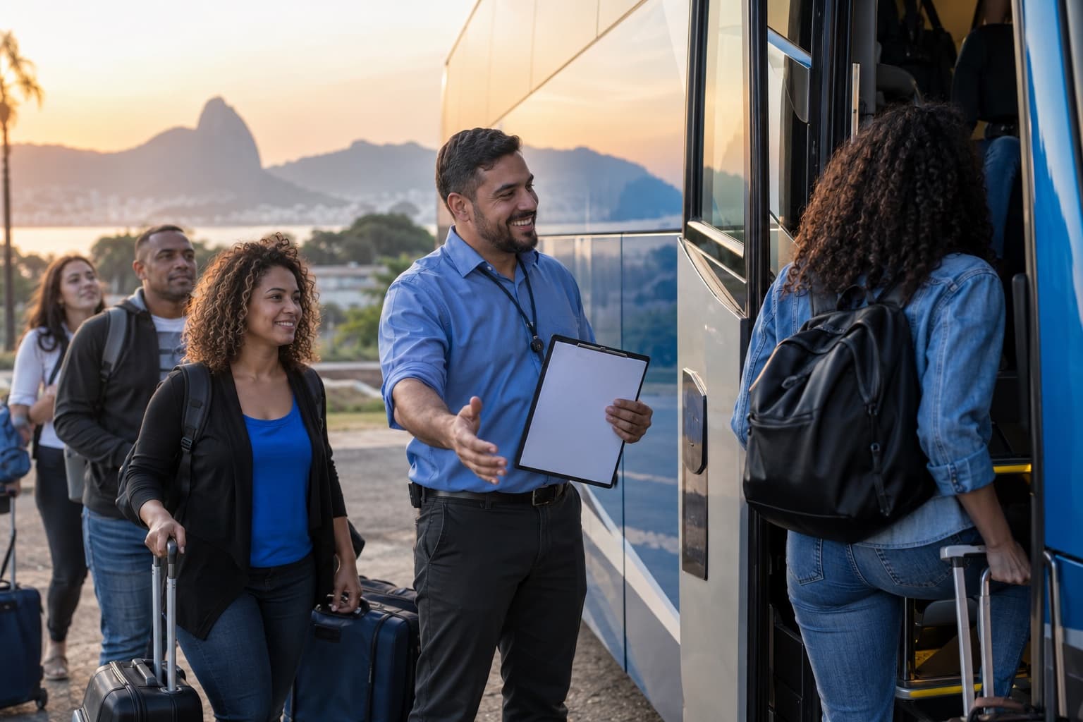 Organizador de camisa azul recebendo viajantes que embarcam num ônibus de turismo ao amanhecer, com bagagens e prancheta na mão