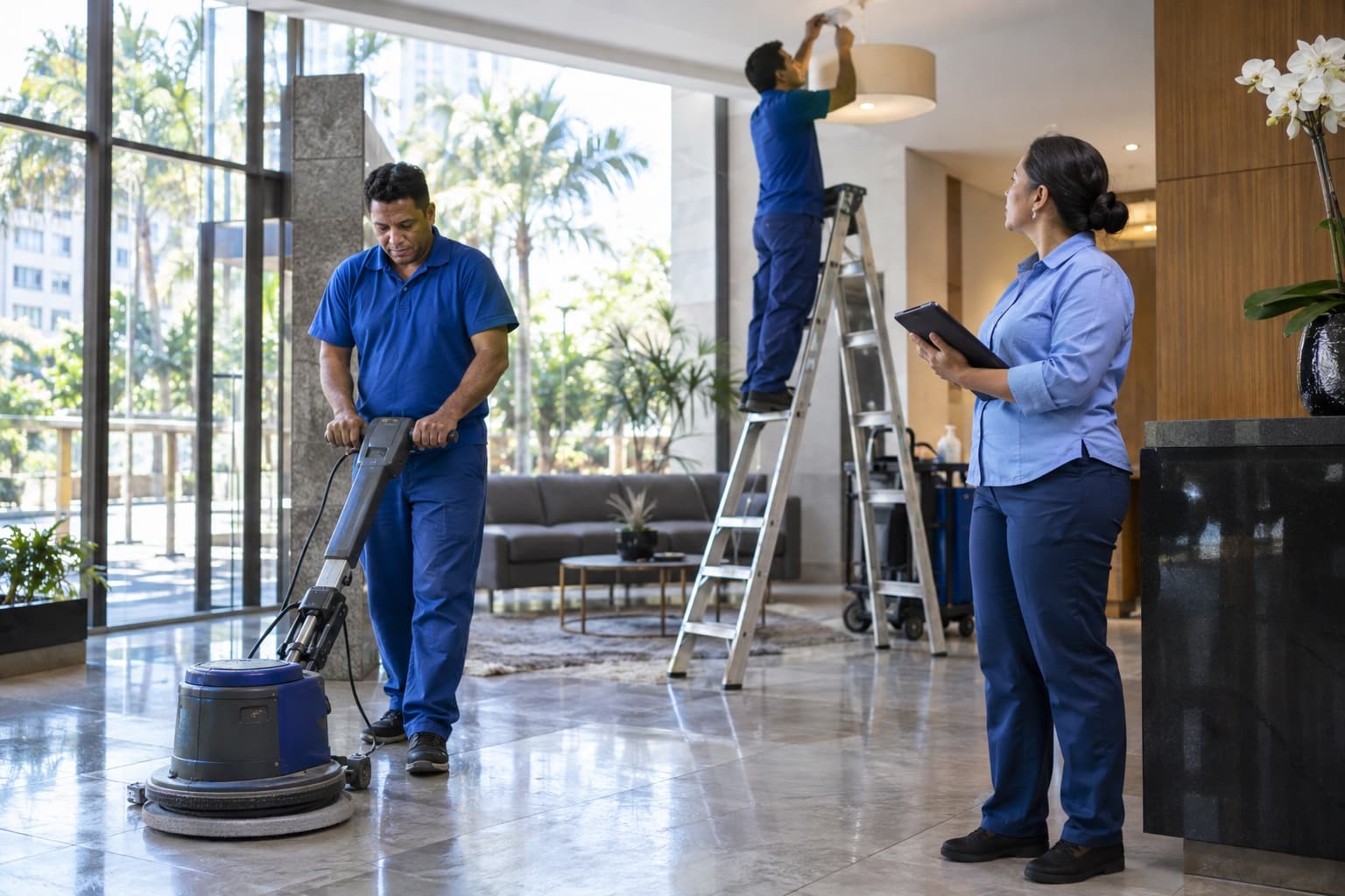 Equipe de facilities de uniforme azul no saguão de um prédio comercial, uma limpando o piso com máquina e outra trocando uma luminária