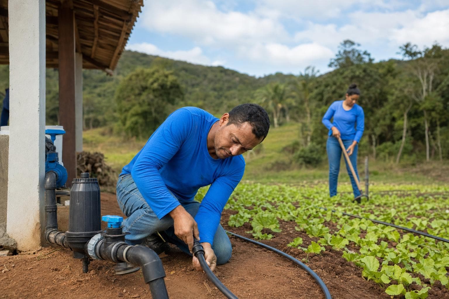 Técnico instalando mangueiras de gotejamento em uma lavoura de hortaliças