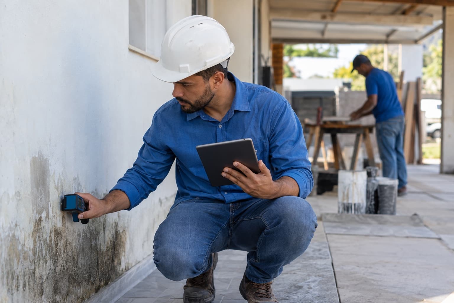 Engenheiro de camisa azul e capacete inspecionando a estrutura de um prédio com tablet e medidor de umidade