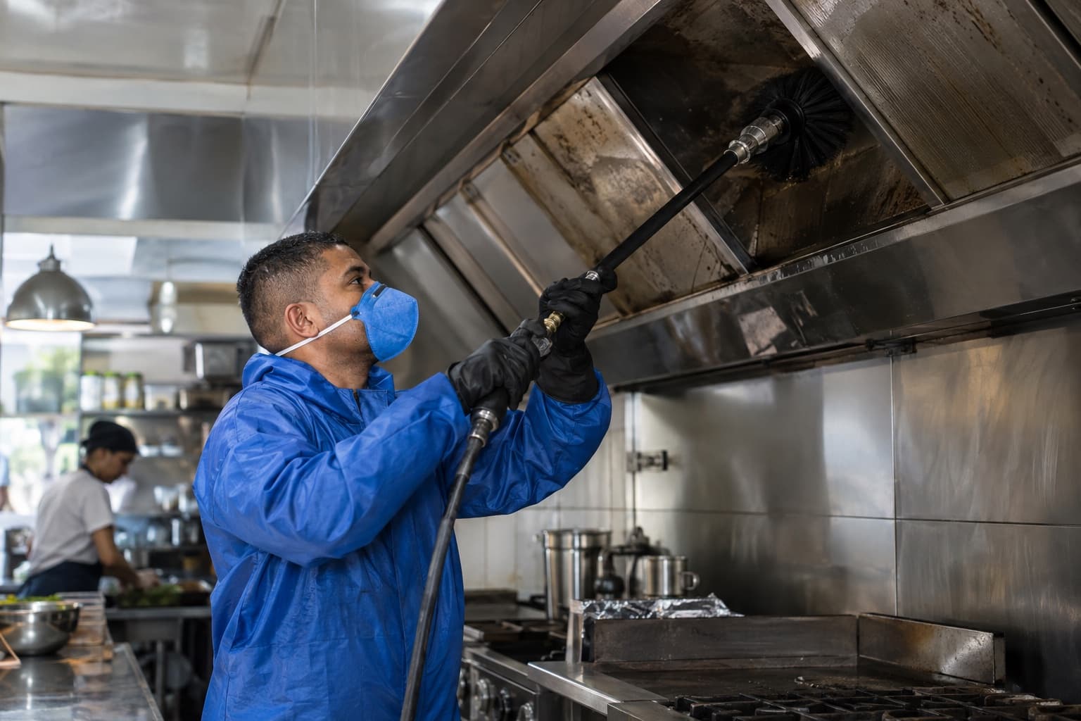 Técnico de macacão azul e máscara limpando por dentro a coifa e o duto de exaustão de uma cozinha industrial com escova rotativa