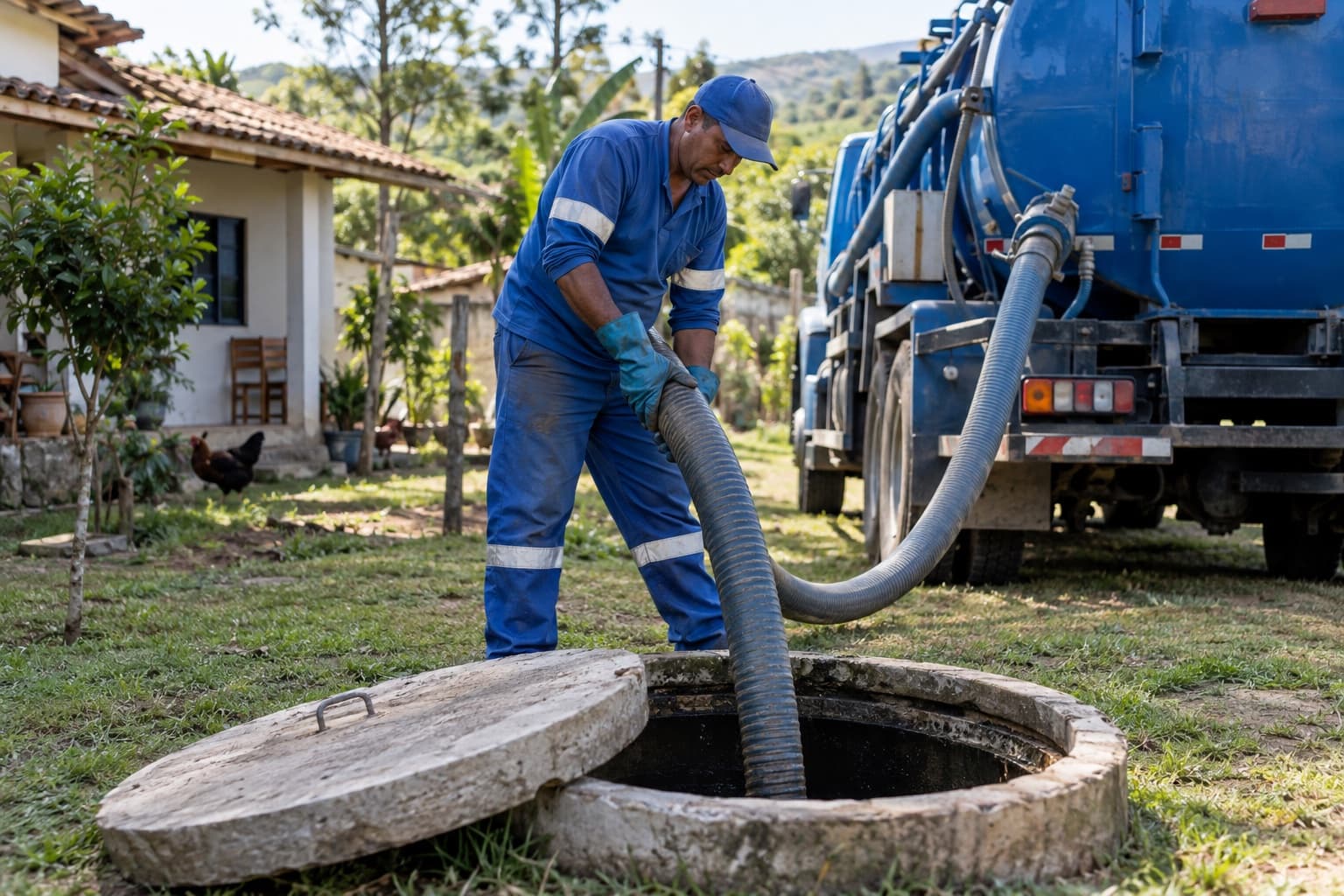 Trabalhador de uniforme azul operando a mangueira de um caminhão de sucção sobre uma fossa no quintal de uma casa