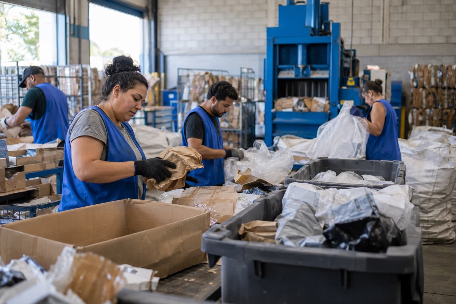 Funcionários de colete azul separando pacotes devolvidos e embalagens usadas em bags e caixas, com uma prensa enfardadeira ao fundo de um galpão