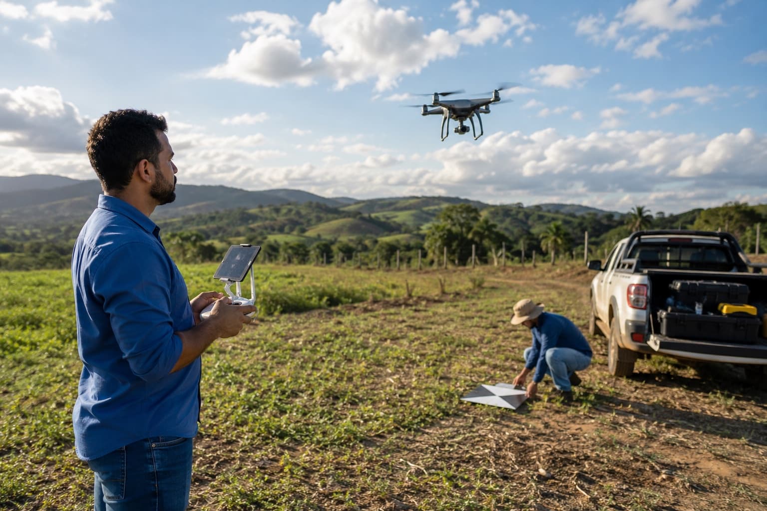 Piloto de camisa azul operando um drone de mapeamento com o controle num campo rural, enquanto o colega posiciona um alvo de ponto de controle no chão ao lado de uma caminhonete