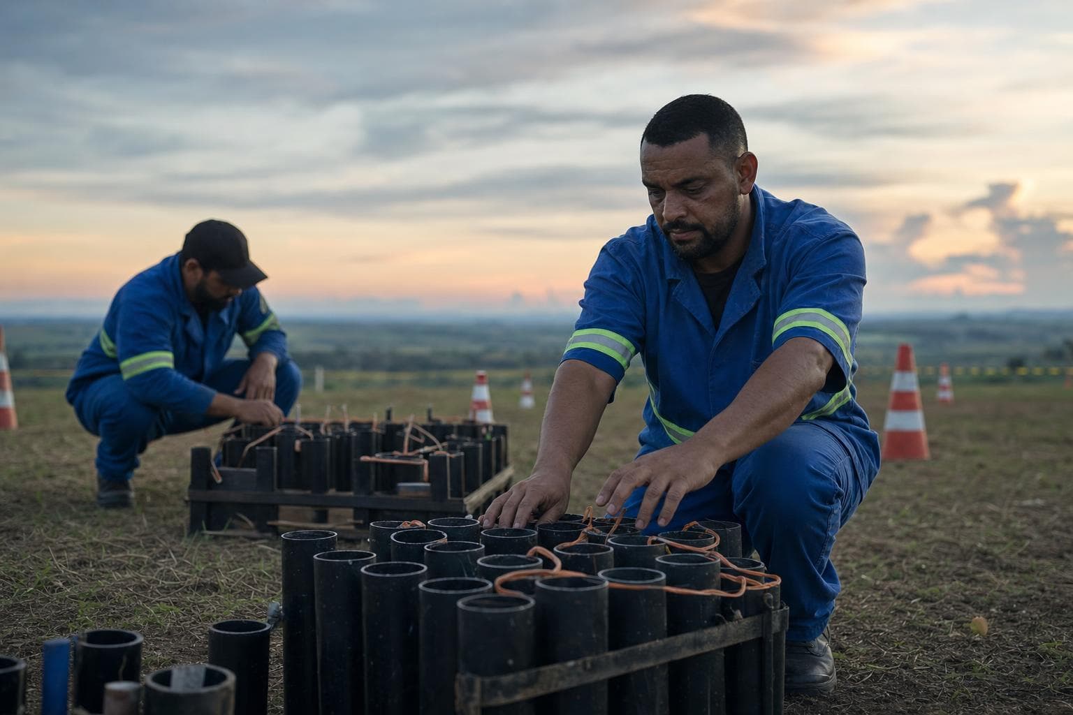Técnicos de pirotecnia posicionando baterias de fogos em um campo aberto ao entardecer