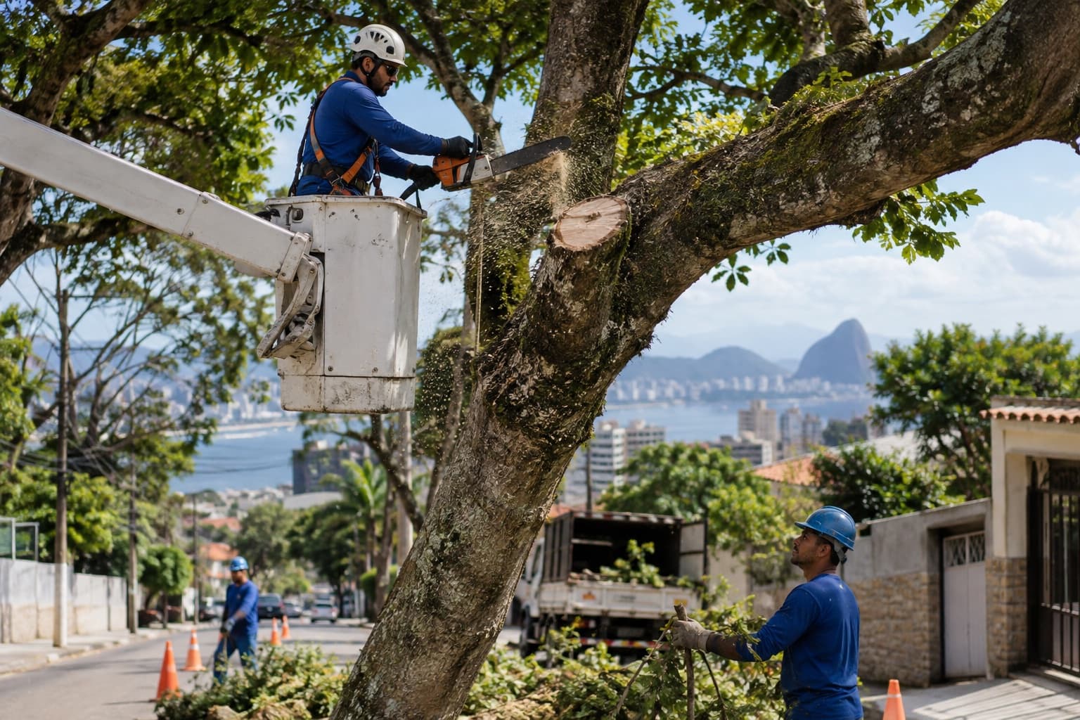 Arborista com cinto de segurança podando uma árvore com motosserra a partir de um caminhão cesto, com equipe e cones na rua