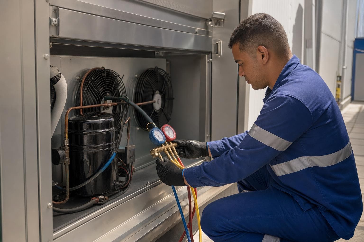 Técnico de refrigeração medindo pressão com manifold em uma unidade condensadora de câmara fria