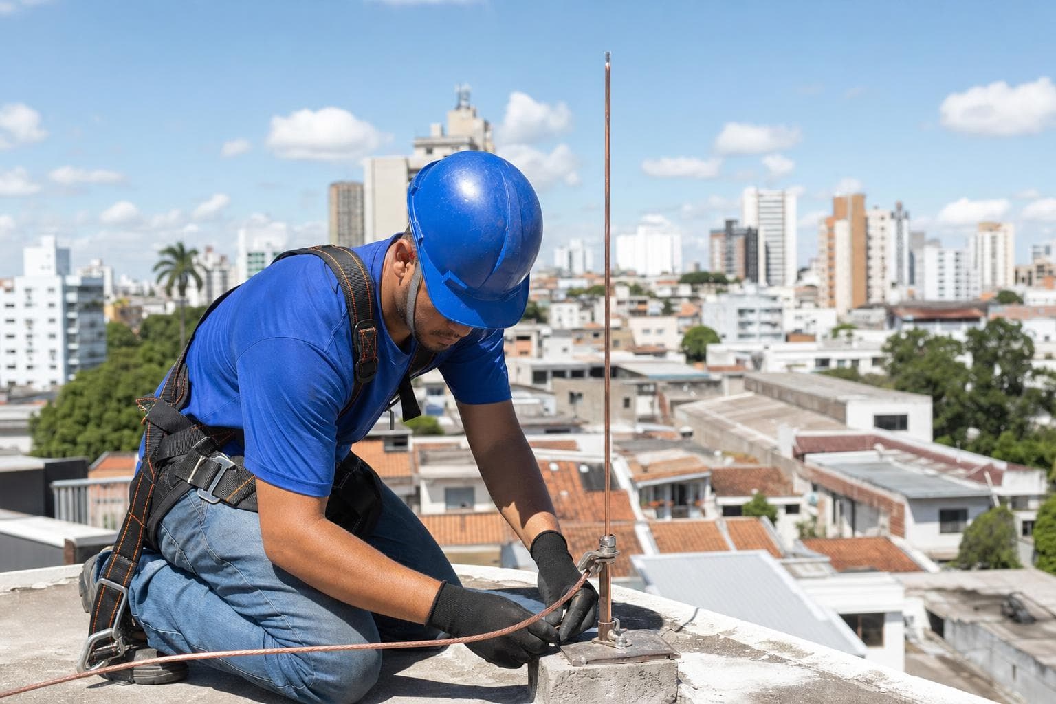 Técnico com cinto de segurança e camisa azul fixando cordoalha de para-raios na cobertura de um prédio