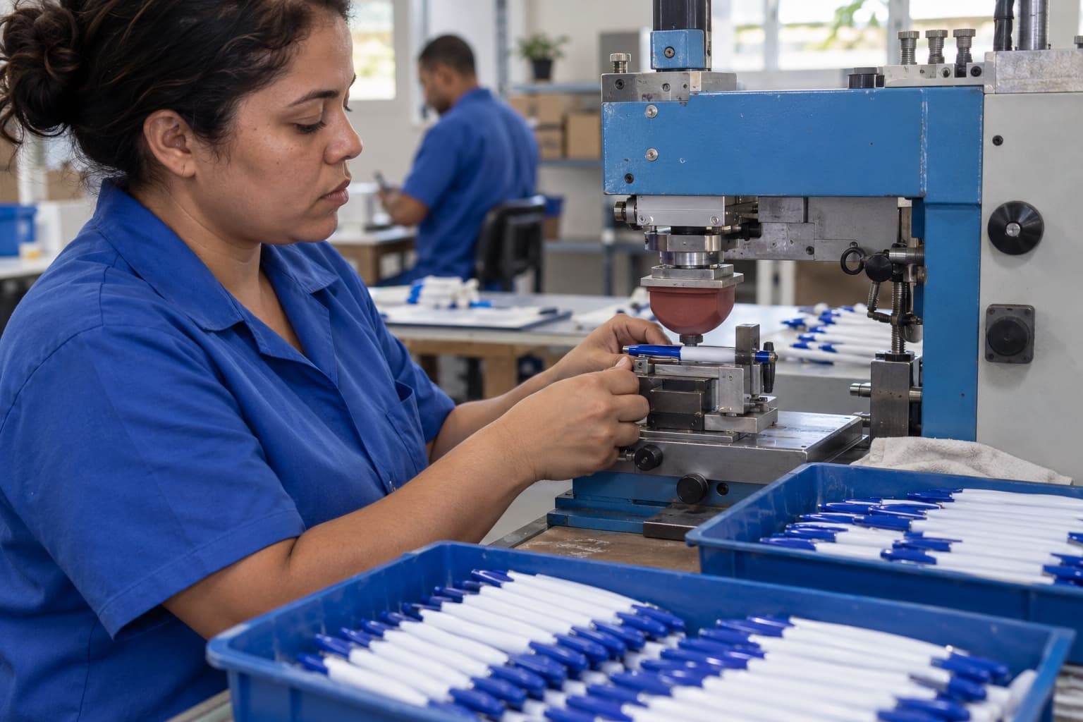 Operador de uniforme azul gravando um logotipo em canetas de plástico com uma máquina de tampografia, com bandejas de canetas ao lado