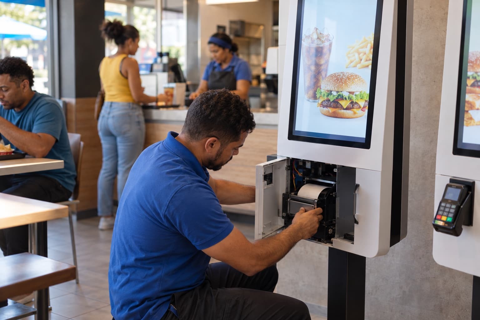 Técnico de camisa azul instalando um totem de autoatendimento com tela sensível ao toque numa lanchonete, com o painel aberto mostrando a impressora interna