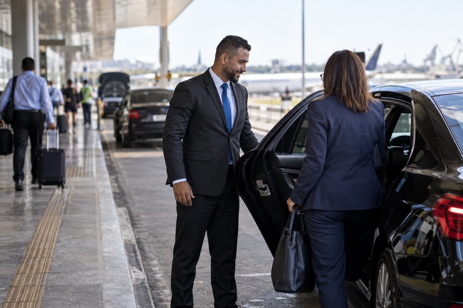 Motorista de terno e gravata azul abrindo a porta traseira de um sedã preto para uma executiva na calçada do aeroporto