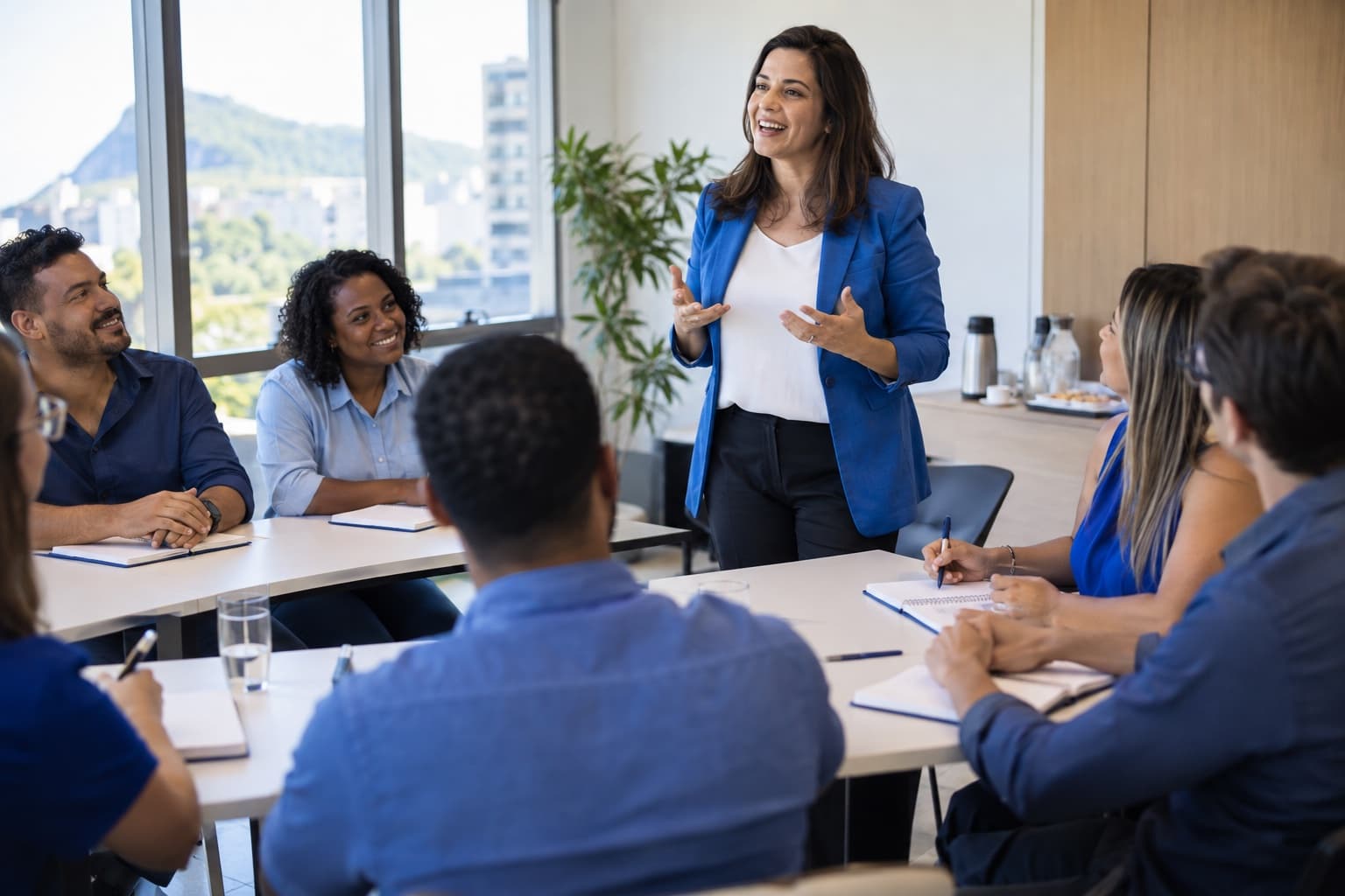 Instrutor de blazer azul conduzindo workshop para grupo de funcionários sentados em mesas com cadernos numa sala de reunião clara