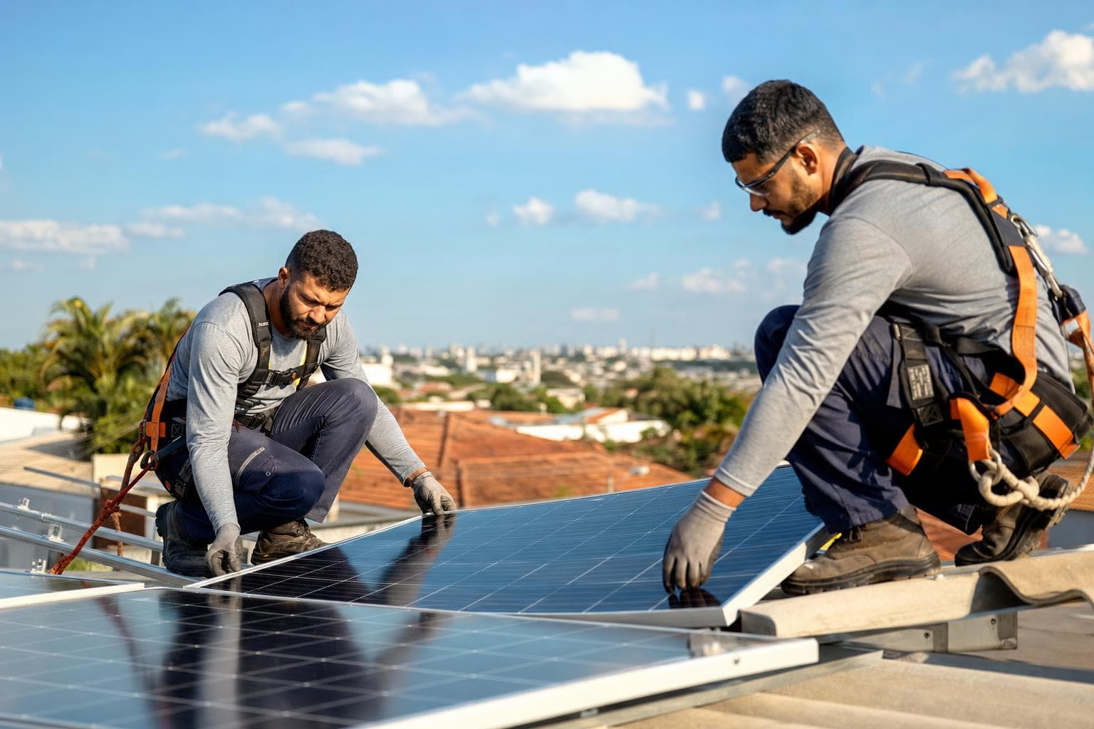 Dois instaladores com cinto de segurança montando placas fotovoltaicas no telhado de uma residência