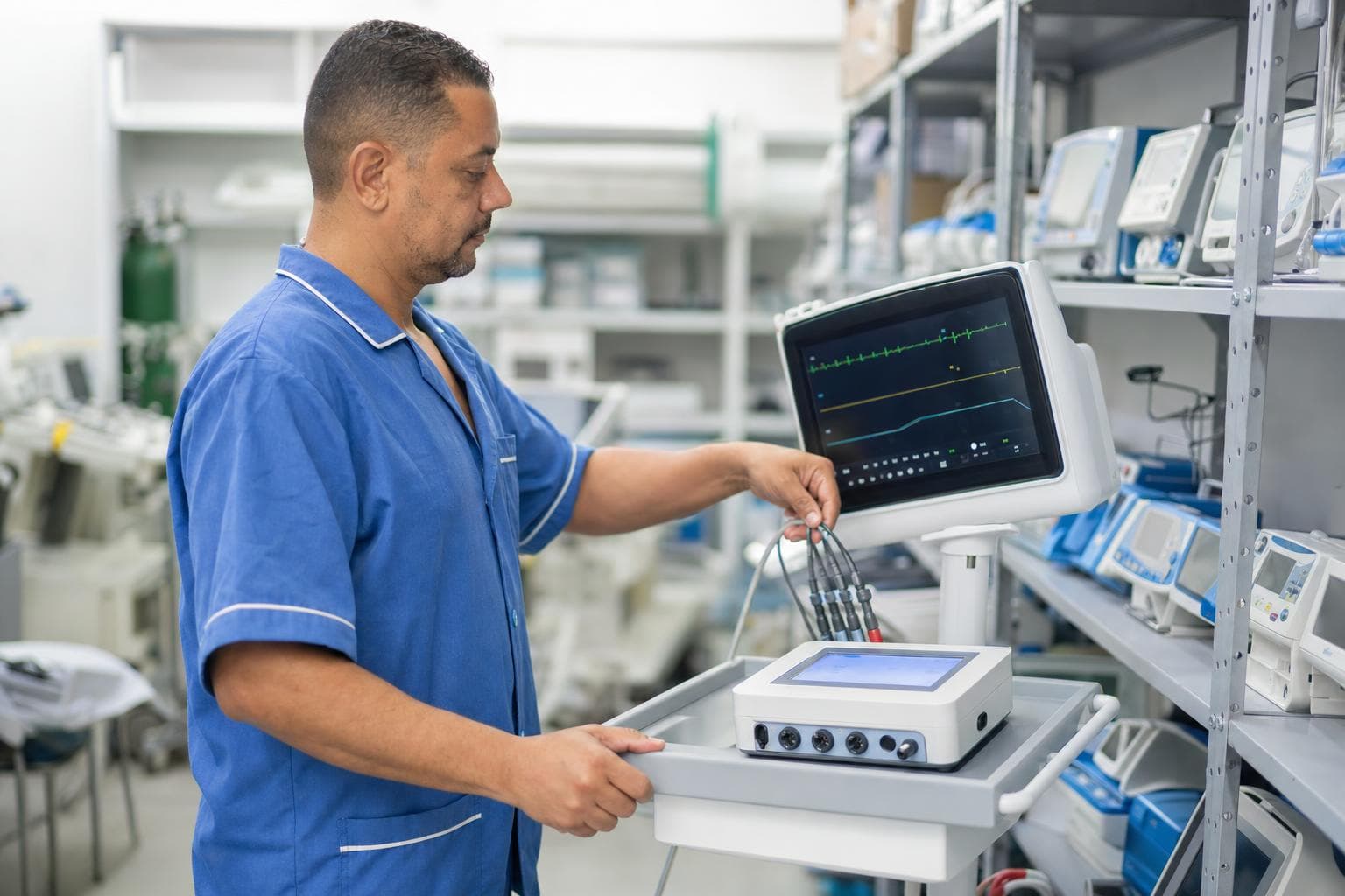 Técnico de engenharia clínica testando um monitor multiparâmetro com um simulador em uma sala hospitalar