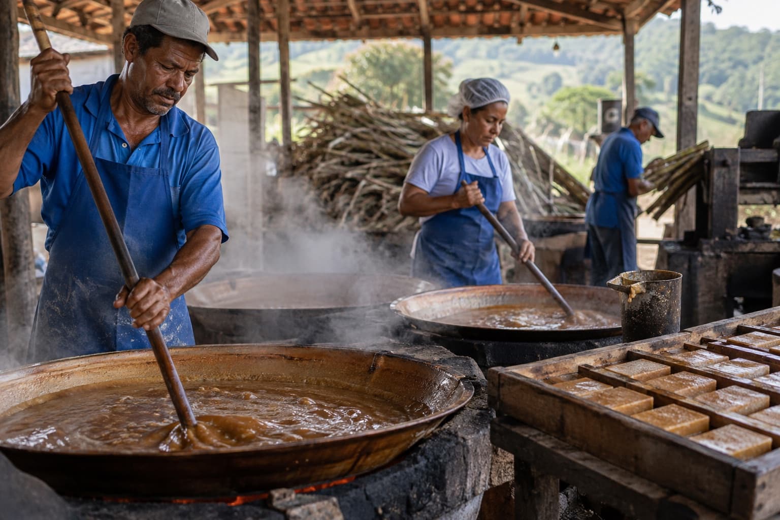 Trabalhadores de avental azul mexendo garapa engrossada em grandes tachos de cobre dentro de engenho rústico com formas de madeira de rapadura
