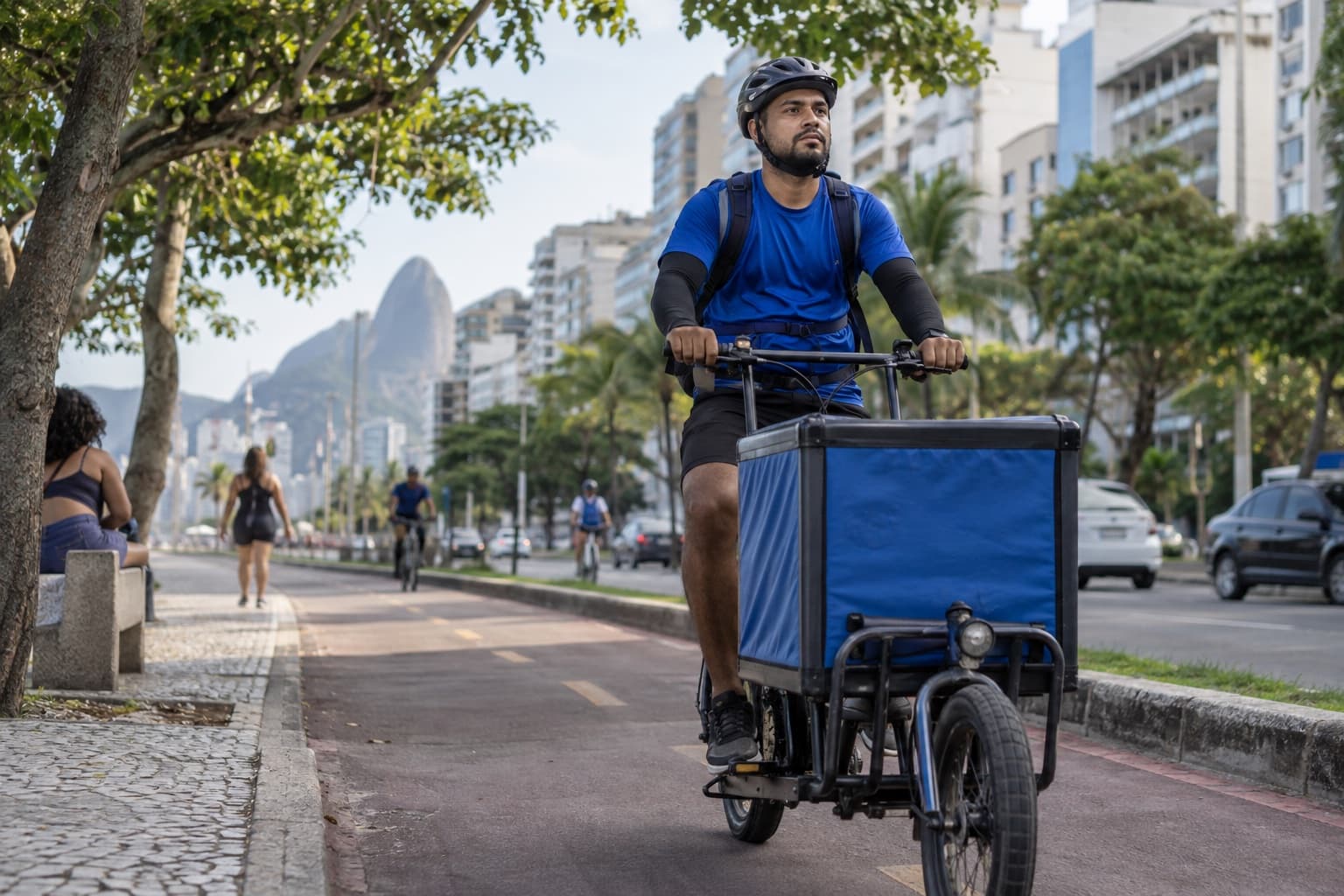 Ciclista entregador de camisa azul pedalando uma bicicleta de carga com baú térmico numa ciclovia de cidade brasileira