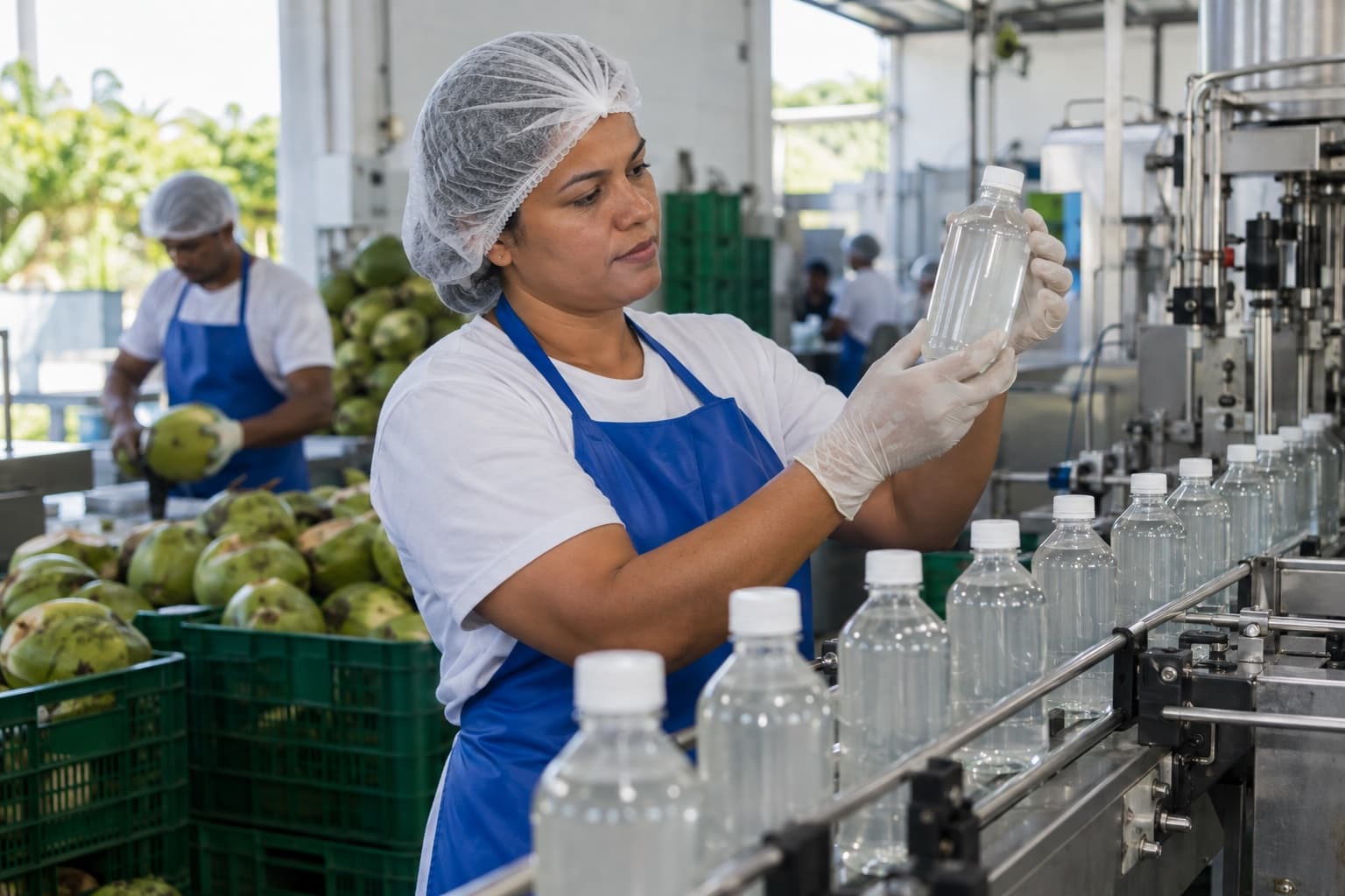 Operadora de touca e avental azul conferindo garrafas de água de coco recém-envasadas numa pequena linha de envase, com cocos verdes empilhados ao fundo