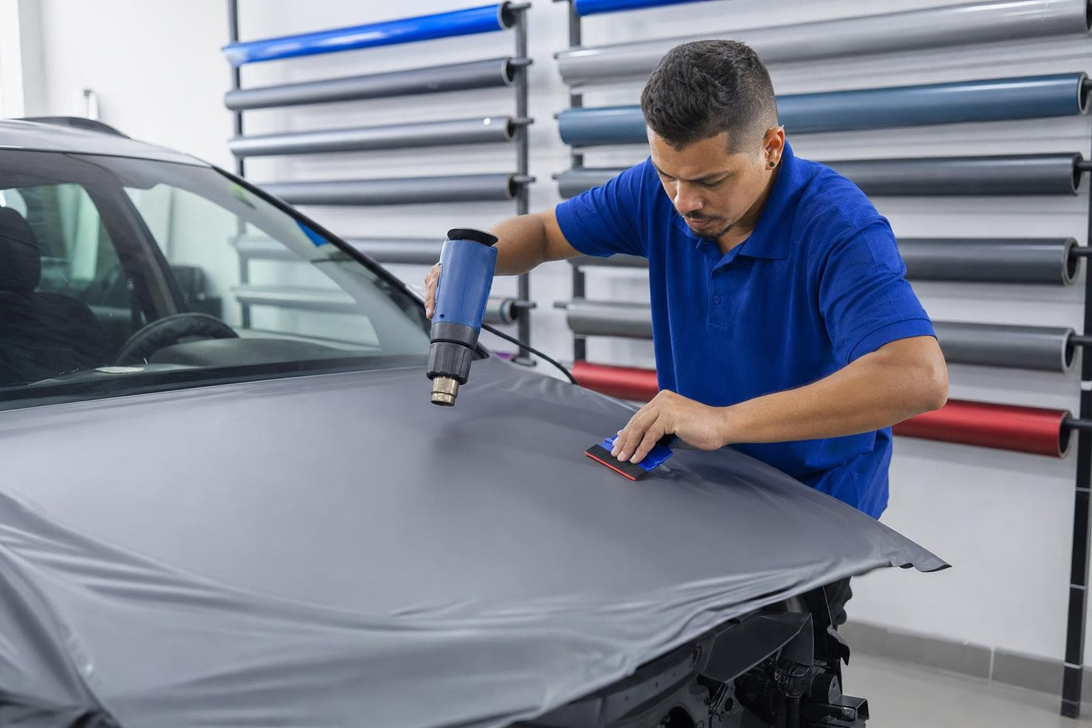 Aplicador usando soprador térmico e espátula para esticar vinil sobre o capô de um carro