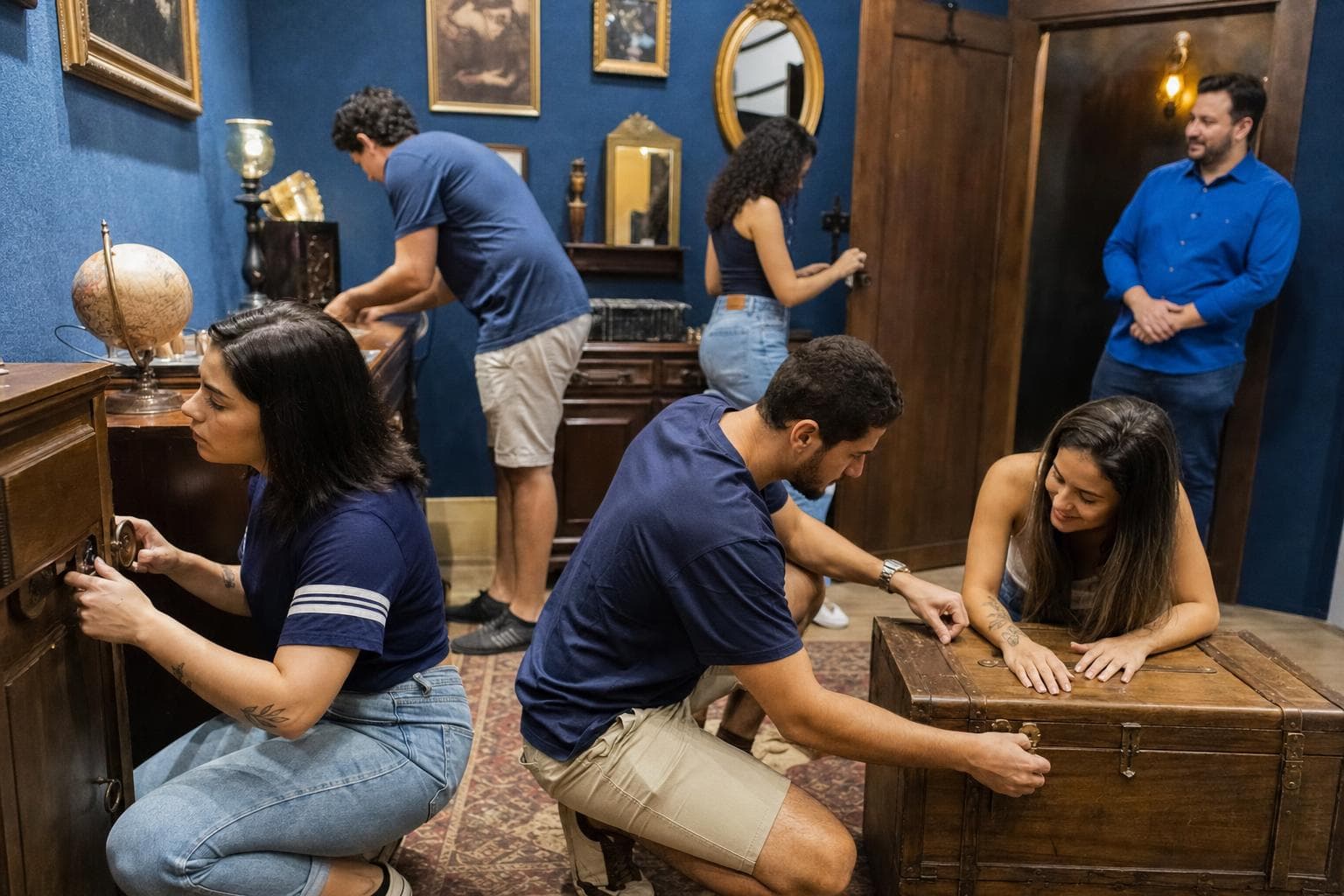 Grupo de amigos procurando pistas em uma sala de escape temática antiga