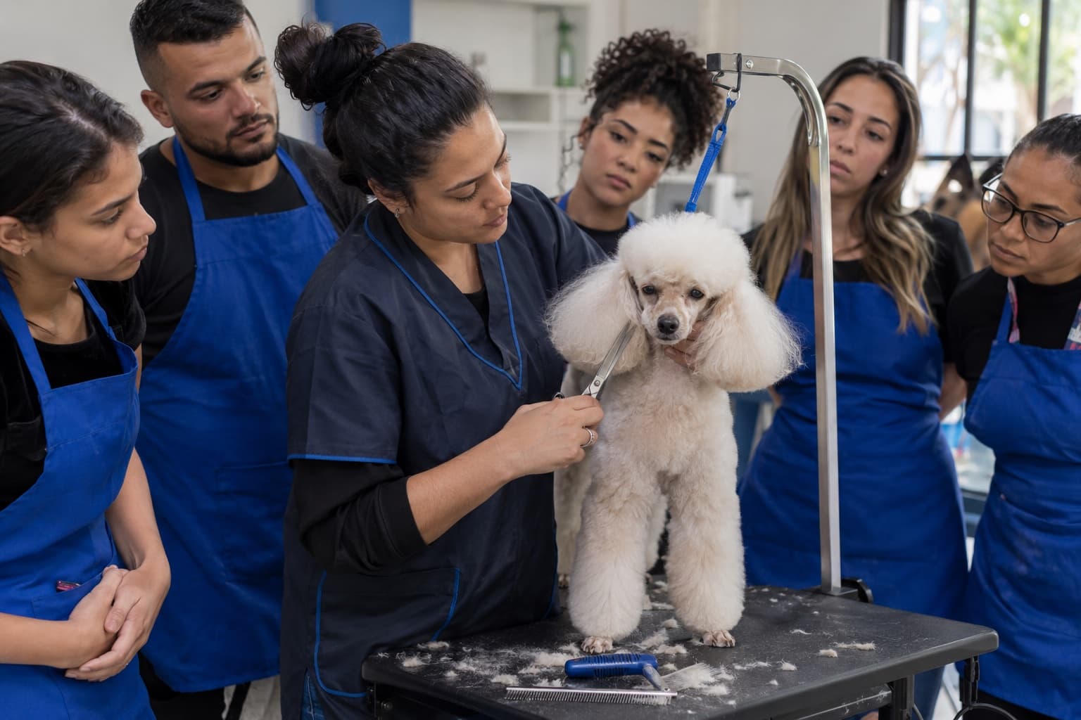 Instrutora ensinando alunos a tosar um poodle numa mesa de tosa enquanto alunos de avental observam