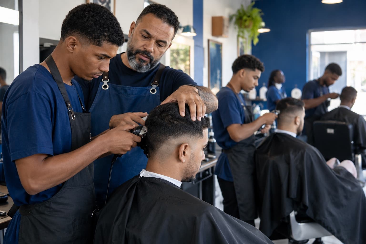 Aluno de curso de barbeiro cortando o cabelo de um modelo com máquina enquanto o instrutor corrige a posição da mão, com várias cadeiras de barbeiro enfileiradas