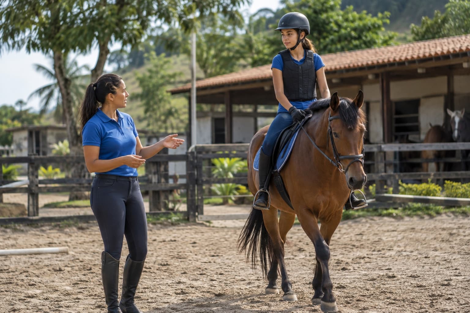 Instrutora de polo azul orientando uma adolescente de capacete que monta um cavalo castanho a passo numa pista de areia com cercas e baias ao fundo