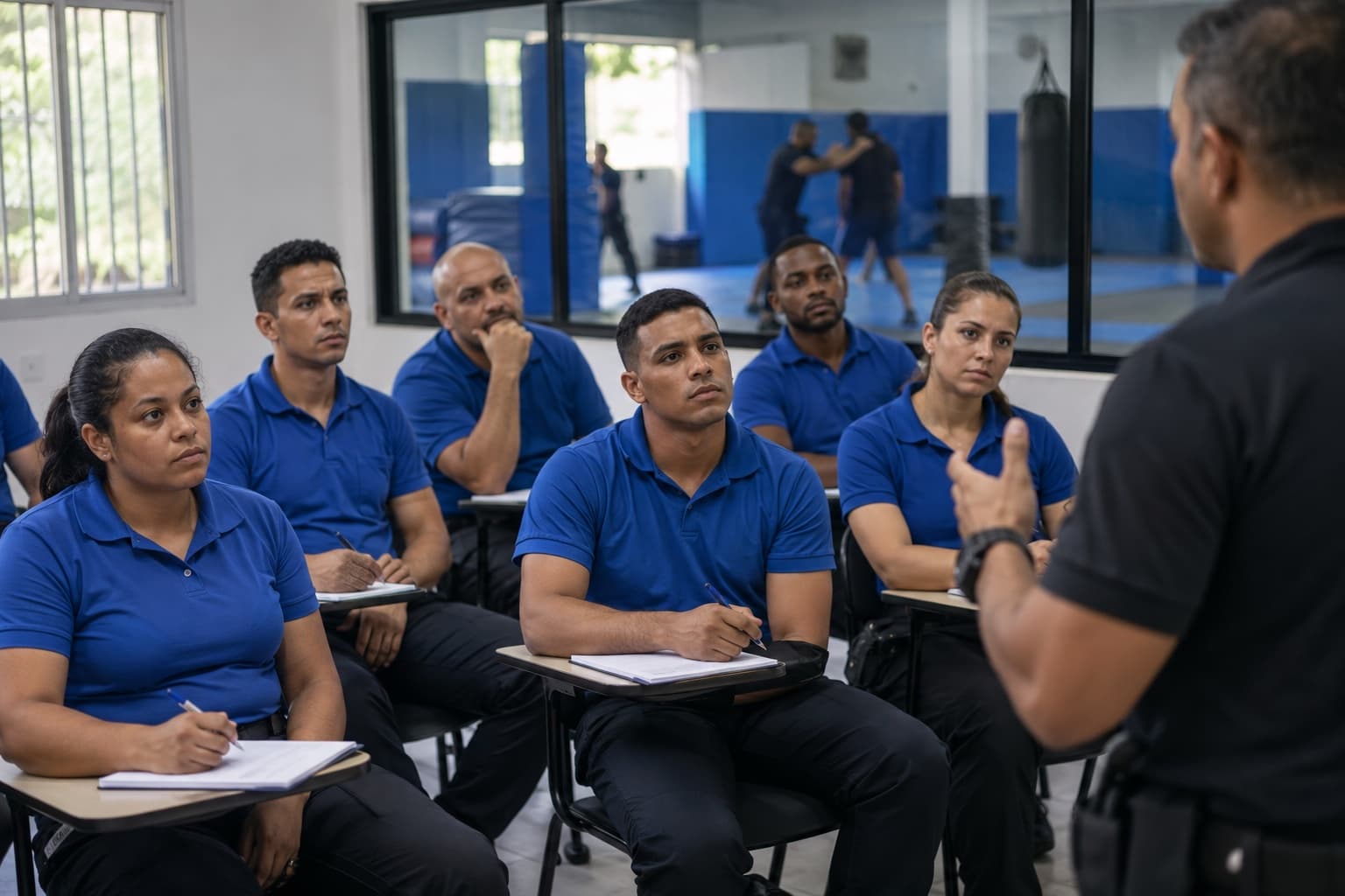 Alunos de camisa polo azul em sala de aula de academia de vigilantes ouvindo o instrutor, com área de treino com tatames vista pela janela