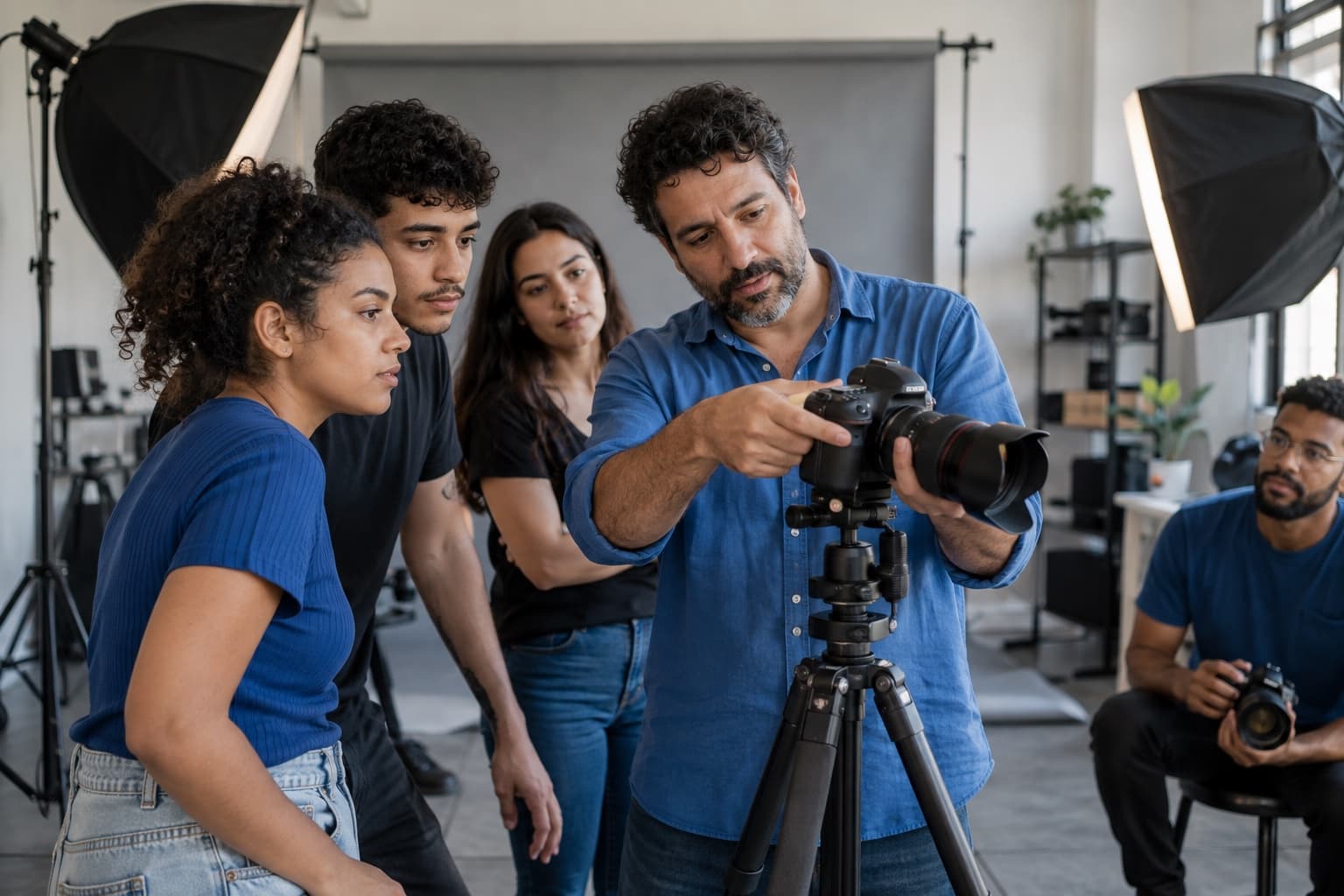Professor de fotografia de camisa azul mostrando a alunos como ajustar a câmera durante aula em estúdio pequeno com softboxes e fundo