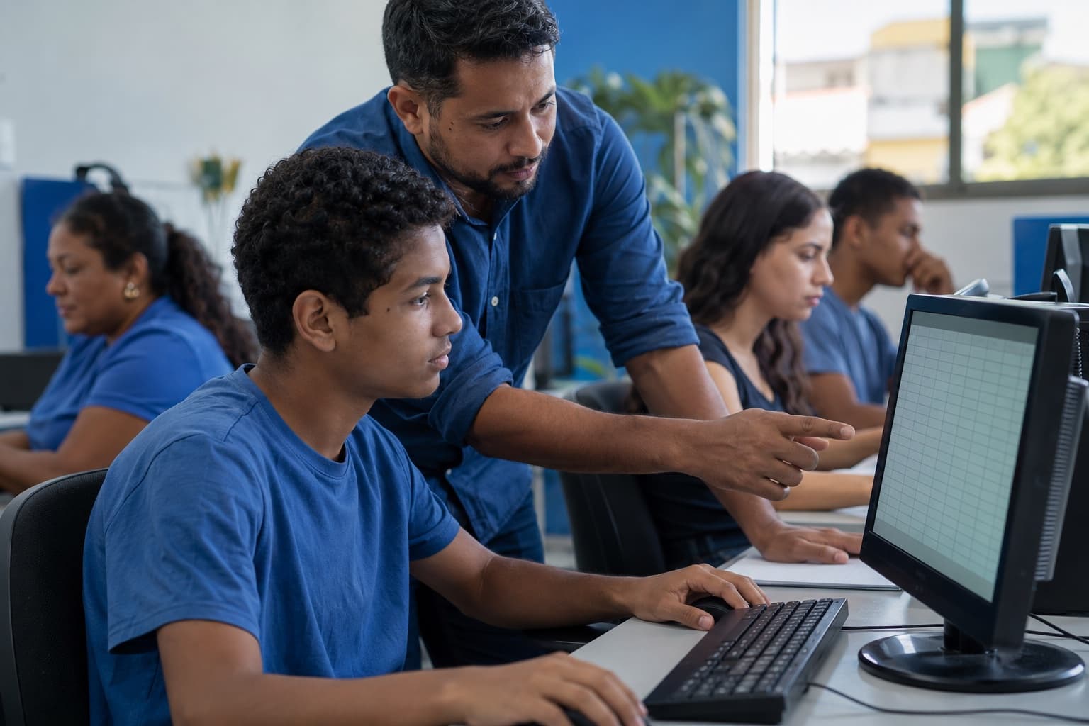 Sala de curso de informática com adolescentes e adultos em computadores enquanto o instrutor ajuda um aluno com uma planilha