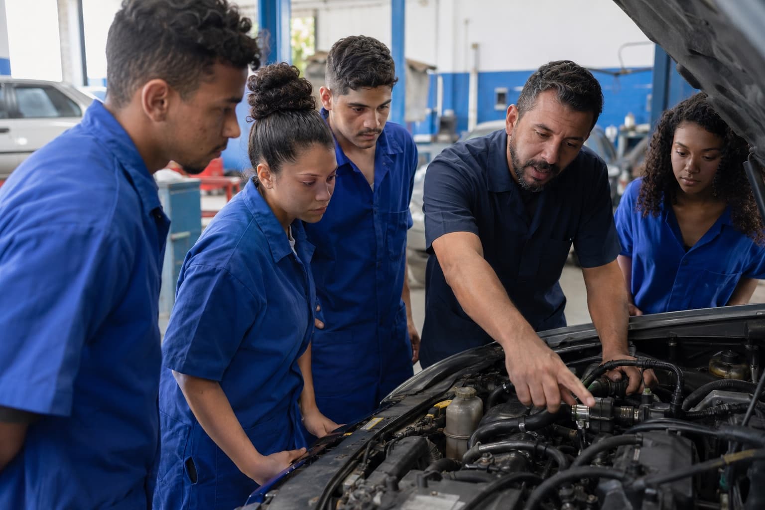Alunos de curso de mecânica de macacão azul em volta de um motor de carro aberto em uma oficina de treinamento, com instrutor apontando as peças