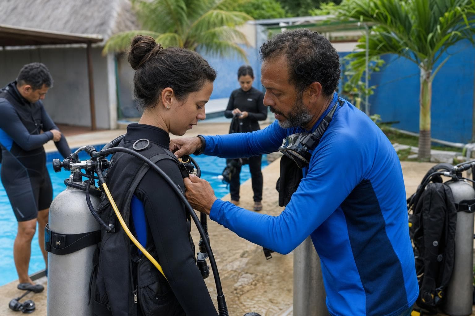 Instrutor de mergulho ajustando o cilindro e o regulador de um aluno na borda de uma piscina