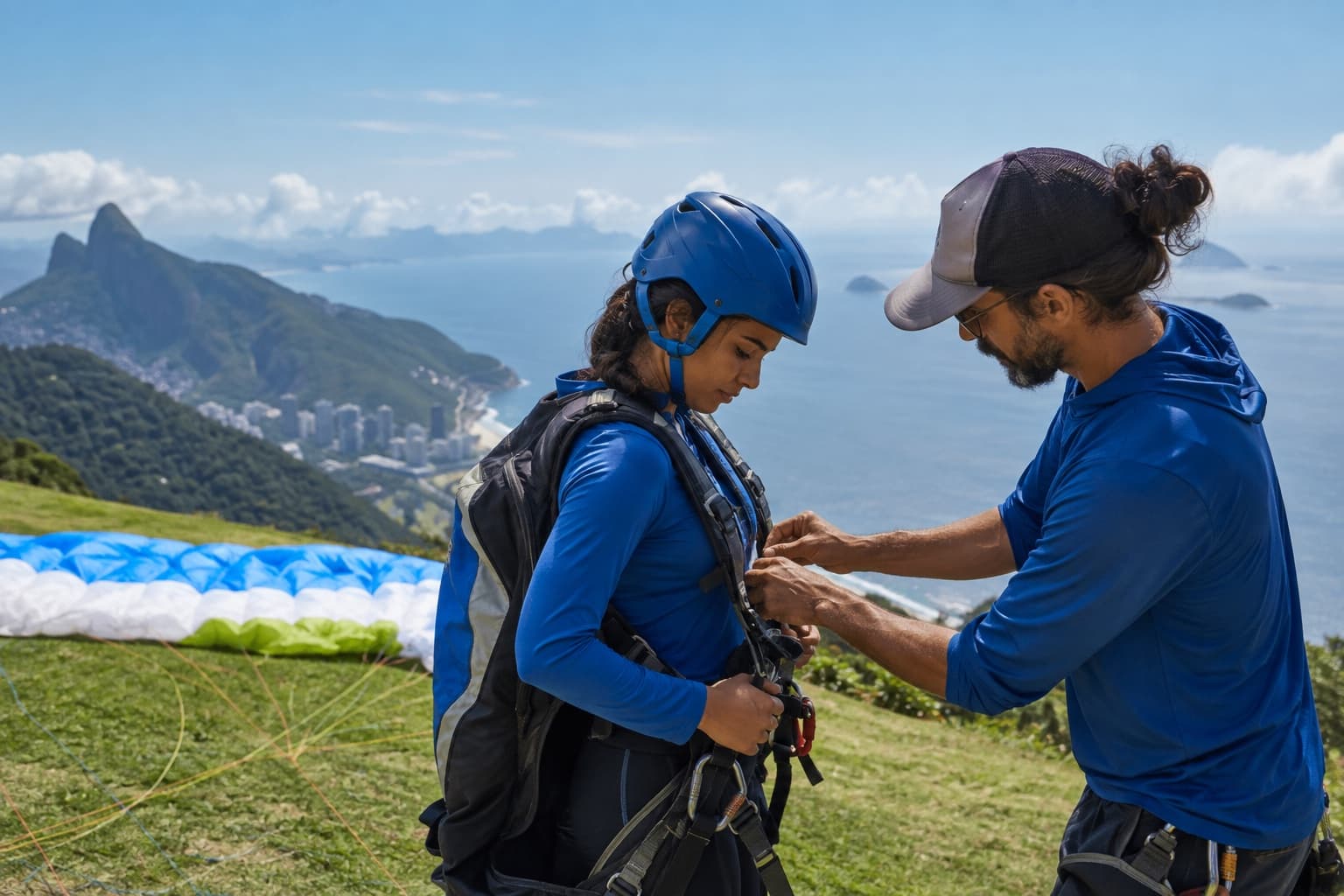Instrutor ajustando a selete de um aluno numa rampa gramada de decolagem na montanha, com a vela de parapente estendida