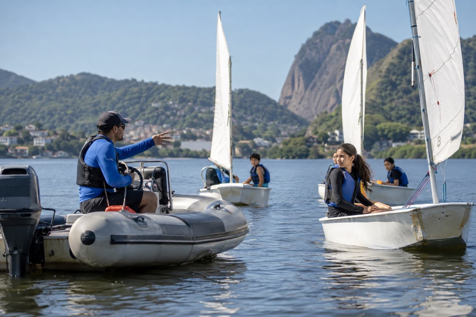 Instrutor de vela em um bote de apoio orientando alunos em pequenos veleiros com as velas içadas em um lago calmo