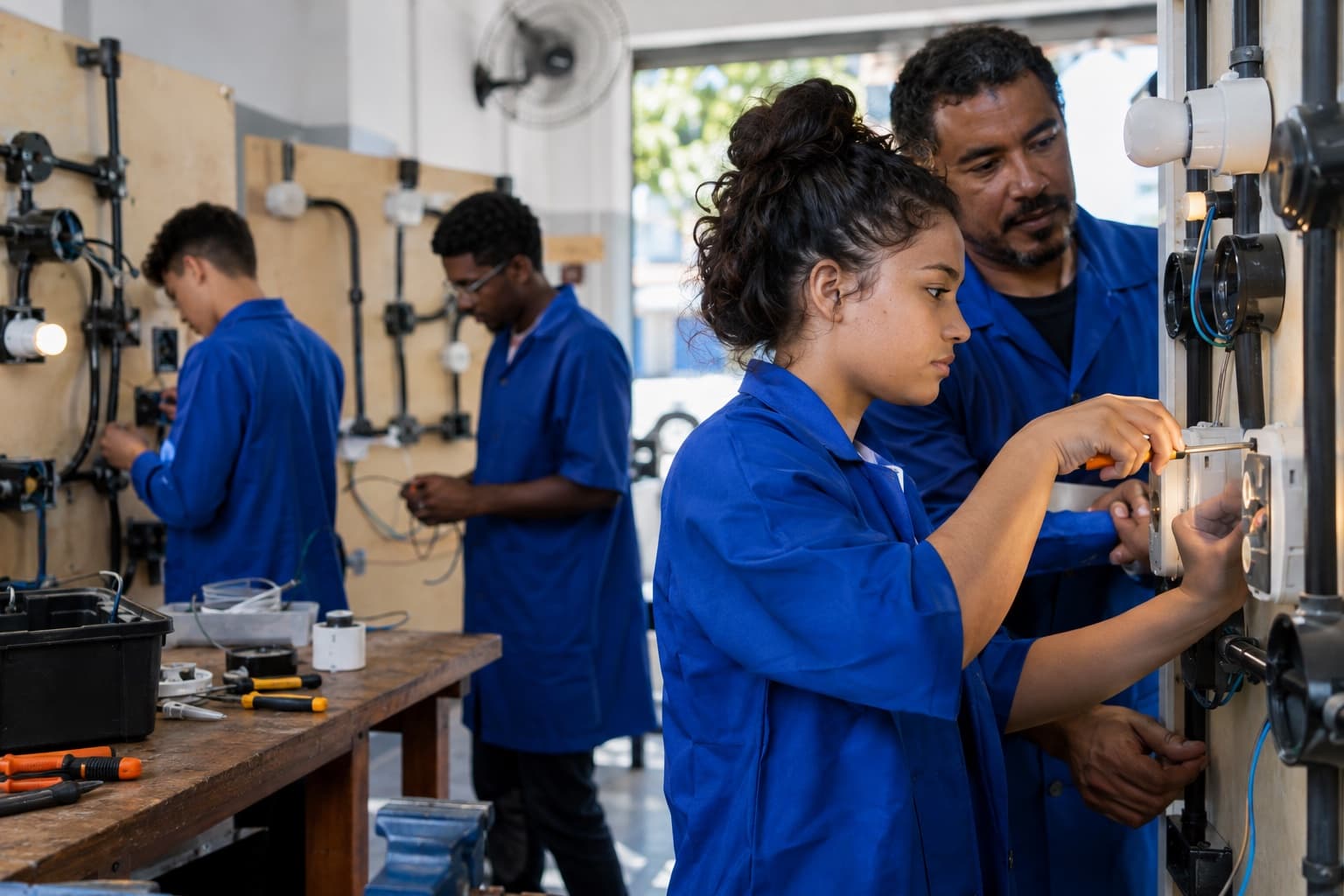 Laboratório de escola técnica com alunos de jaleco azul praticando instalações elétricas em painéis de treinamento acompanhados pelo instrutor
