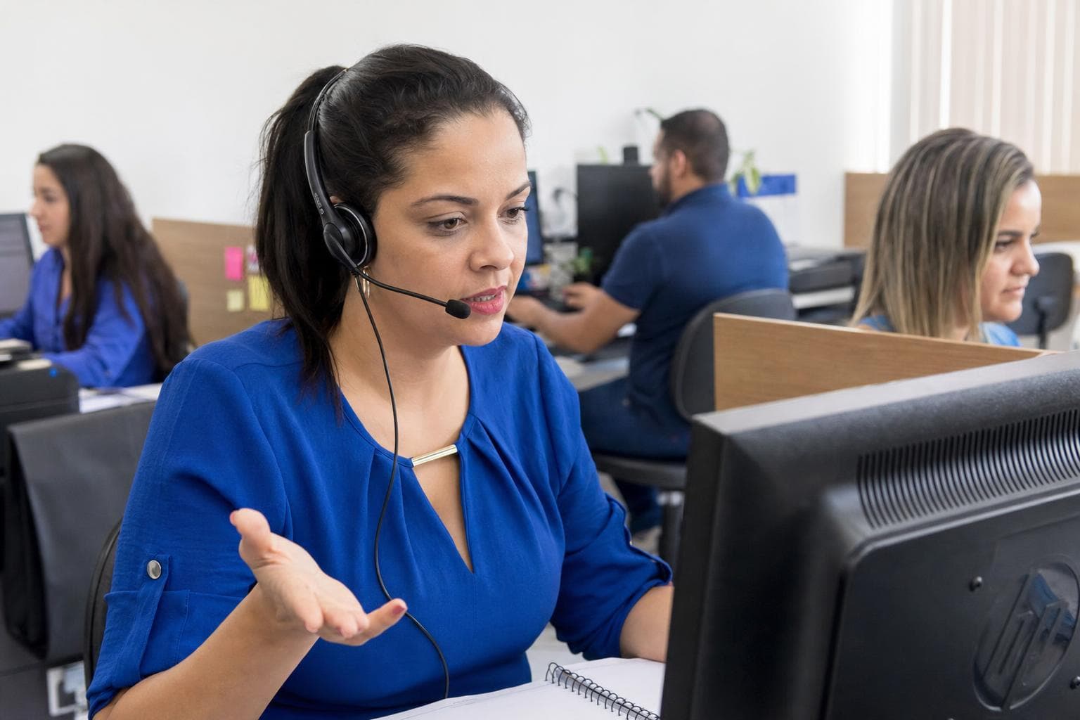 Operadora de cobrança com headset negociando por telefone em uma estação de trabalho
