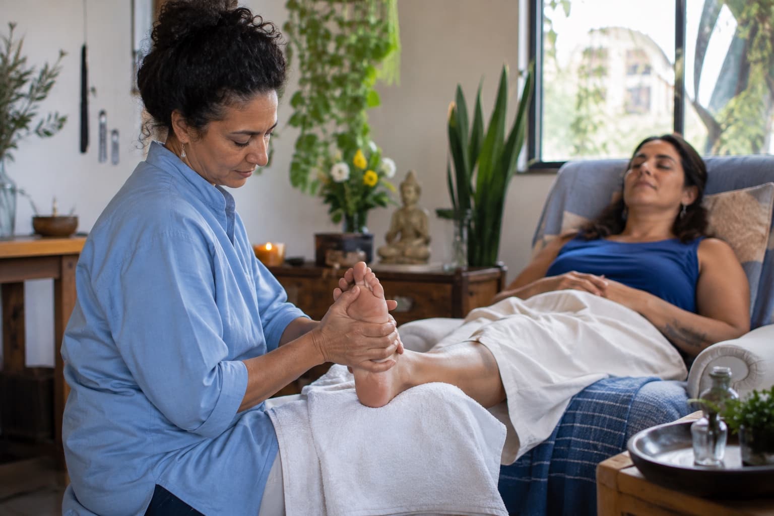 Terapeuta holística de túnica azul-clara fazendo sessão de reflexologia nos pés de uma cliente reclinada em sala acolhedora com plantas