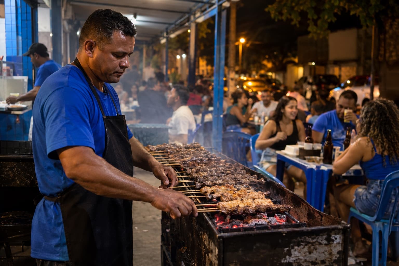 Churrasqueiro virando espetinhos numa churrasqueira a carvão à noite, com clientes em mesas de plástico ao fundo
